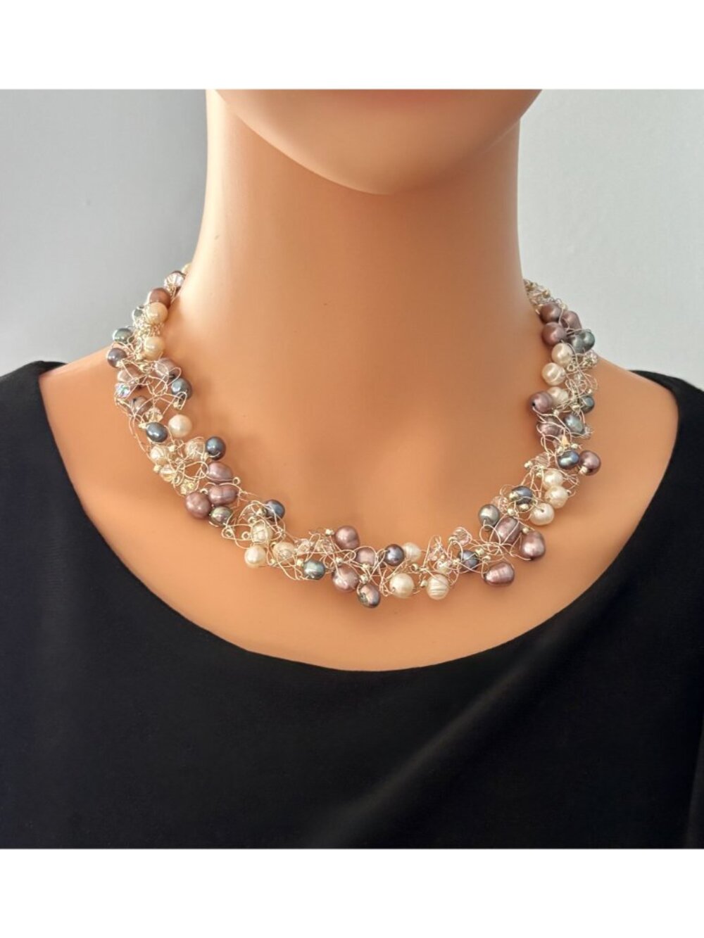 Artisan-Made Collar and Bracelet Set .999 Fine Silver Freshwater Pearls Crystals - Picture 2 of 15